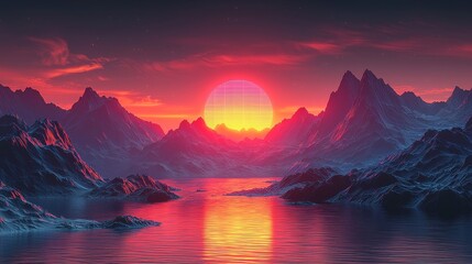Poster - A dark-themed virtual 3D animation of a dynamic mountain landscape with neon grid projection