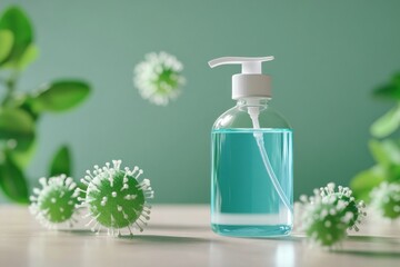 Aufkleber - Droplets of sanitizer actively combating bacteria in a clean, well lit environment with green background. Generative AI