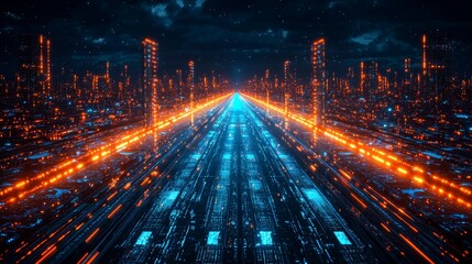 Poster - Futuristic glowing motion exists in a cyber environment where digital data continuously flows through a cybernetic space, creating an abstract visualization concept