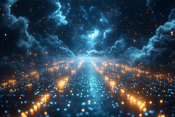 Poster - Under the starry sky, a futuristic neon grid shines brightly