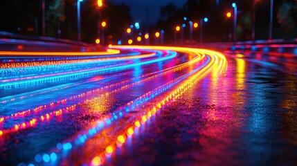 Poster - In a digital setting, futuristic cyber motion and glowing lights generate high-energy streams in a dynamic manner against an abstract background