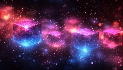 Poster - Abstract visualization of a dynamic 3D cube animation in a futuristic, digital space with vibrant colors and an engaging perspective, perfect for creative projects