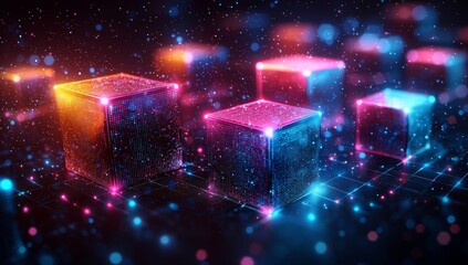 Poster - An engaging and abstract visualization features a dynamic 3D cube animation in a futuristic digital setting, filled with vibrant colors, suitable for creative projects
