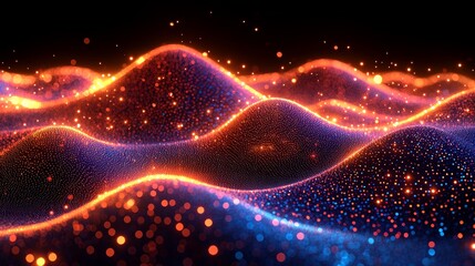 Poster - An abstract portrayal of a neon landscape illuminated by flowing lights, with a color scheme of dark blue and pink, infused with digital technology