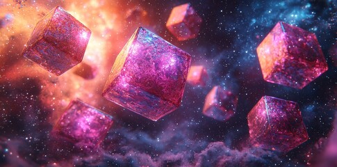 Poster - Futuristic holographic metal cubes moving against a neutral backdrop, featuring 3D animation with space for geometric motion graphics, ideal for night photography