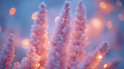 Poster - Frosted Delights:  A delicate cluster of frosted branches illuminated by warm, glowing orbs in a dreamlike winter landscape. The image evokes a sense of serenity and beauty.