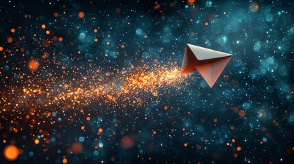 Poster - Dynamic paper plane moving through an abstract digital space with vibrant colors, viewed from an aerial perspective, symbolizing speed and innovation