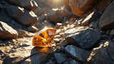 Diamant orange hyperréaliste scintillant dans une mine, entouré de textures rocheuses.