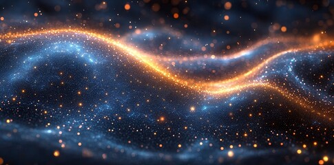 Poster - With glowing blue and orange particles, abstract digital waves convey a dynamic sense of motion and energy, making them ideal for technological themes and backgrounds