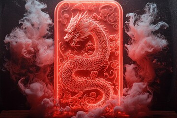 Poster - From a smartphone comes a dynamic dragon animation, set against a futuristic backdrop, presented as digital art with dynamic and colorful imagery featuring a creative angle