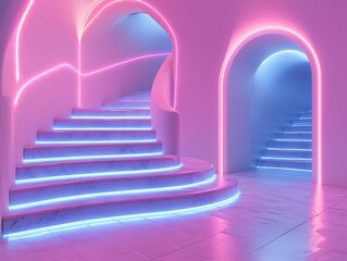 Poster - Dynamic display of pastel pink and teal blocks in a futuristic space digital art, creating a vibrant environment with an abstract perspective