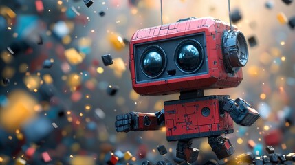 Poster - A colorful, low-poly robot model is positioned against a vibrant, geometric backdrop, featuring a mix of blue, red, and purple tones