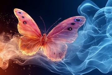 Poster - A stunning butterfly animation in the digital realm, surrounded by an abstract background of colorful waves, highlighting a vibrant environment in an artistic concept