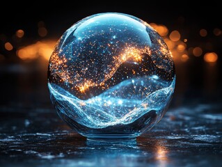Poster - An innovative concept visualized through abstract art: futuristic glowing light orbs in a spiral motion, set in a digital realm, with a close-up of a sci-fi environment
