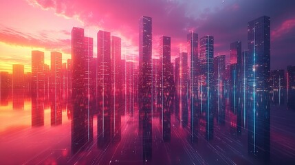 Poster - A futuristic cyberpunk concept portrayed through a dynamic light trails virtual space digital artwork, viewed from an aerial perspective