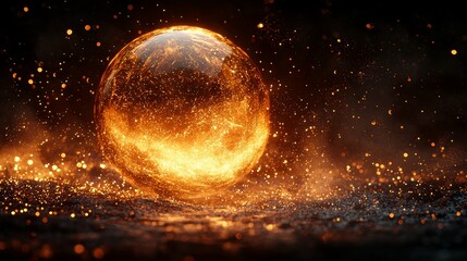 Poster - Close-up view of a dynamic golden globe within a futuristic 3D digital environment, focused on technological innovation