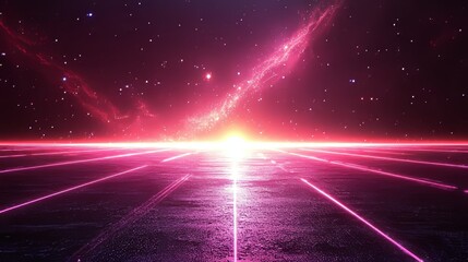 Poster - From an aerial standpoint, a dynamic light trails virtual space digital artwork creates a vivid image of a futuristic cyberpunk setting