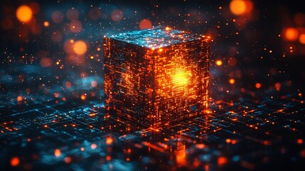 Poster - Dynamic floating cubes with glowing particles in a digital space 3D animation, a futuristic abstract visualization