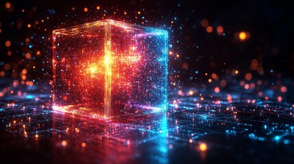 Poster - In a dark environment, a futuristic 3D visualization studio showcases a dynamic neon cube animation from a close-up perspective