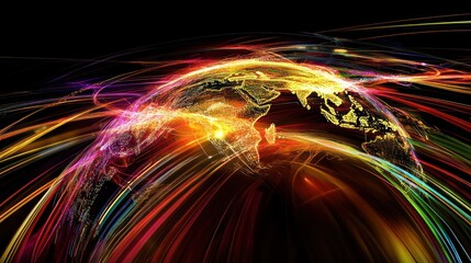 Wall Mural - vibrant global network, colorful energy streaks around earth.