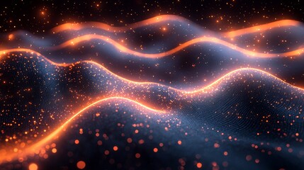 Poster - Digital waves, vibrant and dynamic, create a mesmerizing flow of orange and gold particles in a dark space, showcasing an exquisite visual of energy and light