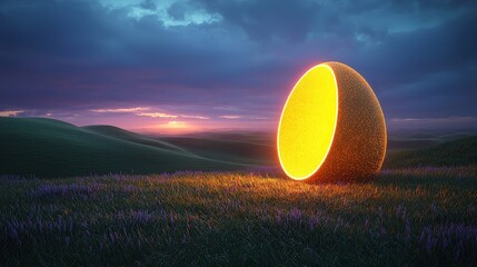 Poster - In a serene digital animation, a floating orange sphere hovers over a vibrant landscape, offering an aerial view that unleashes creativity