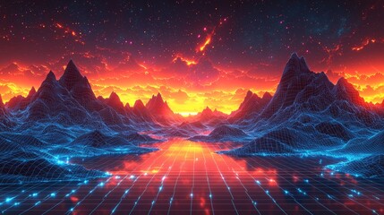Poster - Abstract landscape graphic design featuring vibrant digital waves in a futuristic setting, viewed from above