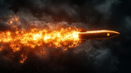 Poster - Dynamic digital art of a rocket launch sequence in space against a dark background, illustrating innovation in motion