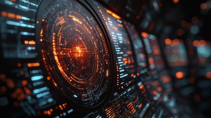 Poster - A futuristic video editing software interface on a laptop features a vibrant, abstract animation against a metallic, sci-fi tunnel background