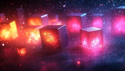 Poster - An abstract digital art piece with floating, colorful cubes against a vibrant background, presenting a creative environment from an eye-level perspective, encouraging visual exploration