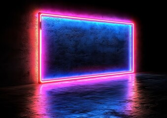 Poster - Macro Photography of Abstract Neon Blue Frame Animation against a Glowing Black Background, Digital Art Composition, Video Graphics