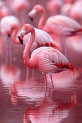 Wall Mural - Pink flamingo standing in water with other flamingos in background