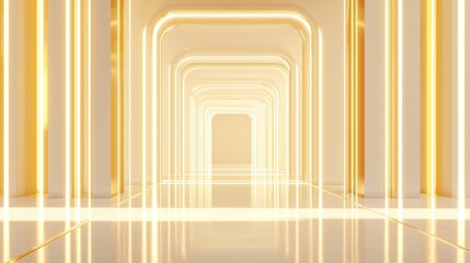 Poster - Glowing white and yellow neon tubes adorn a 3D modern blank floor room, encapsulated within a futuristic business or science-themed setting, resting on an abstract modern architecture background