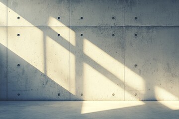 Poster - Sunlight fills a pristine concrete room where a mock-up is placed on the wall, presented as a 3D rendering