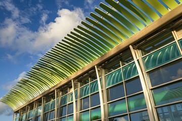 Poster - From a low angle, the futuristic modern architecture of a corporate office building's skyscraper is depicted in a 3D rendering