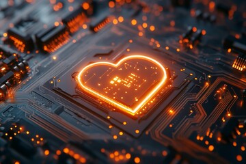 Poster - Glowing heart shape on computer motherboard symbolizing artificial intelligence love