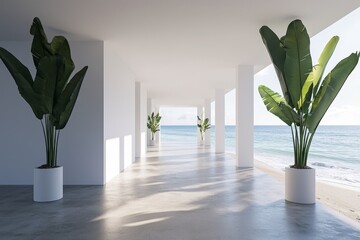 Poster - The interior of a room framed by a sea view, includes an unoccupied architectural space, a concrete floor, and palm trees in pots. This 3D rendering is intended as a presentation art mockup