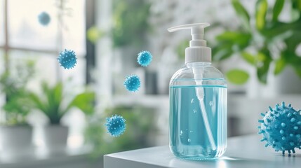 Aufkleber - Droplets of sanitizer actively eliminating bacteria in a modern indoor setting surrounded by greenery. Generative AI