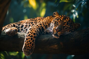 Wall Mural - Leopard sleeping peacefully on a tree branch in lush jungle