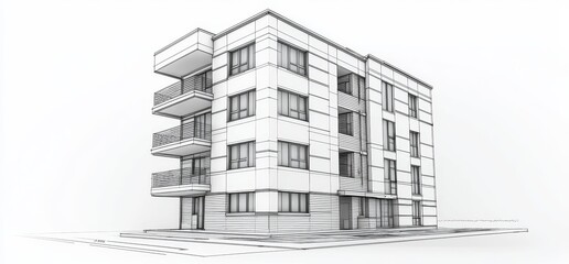 Poster - Perspective view of a building's architectural background in 3D wireframe