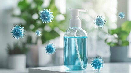 Aufkleber - Droplets of sanitizer efficiently neutralizing bacteria in a clean indoor space during daylight hours. Generative AI