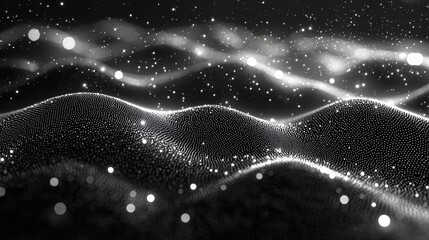 Poster - As a background for animations or technology presentations, consider a black and white abstract Trapcode form that includes a digital particle wave and lights. The main visual is an abstract