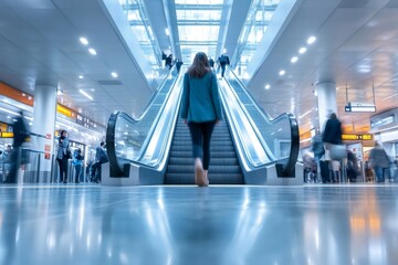 Aufkleber - Businesswoman walking down escalator in modern airport or subway station