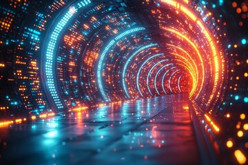 Poster - Digital Lights: Glowing Neon Rays in Technological Tunnels - Stock