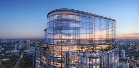 Poster - Low angle perspective of a sleek, modern skyscraper with curved glass windows, illustrated in 3D