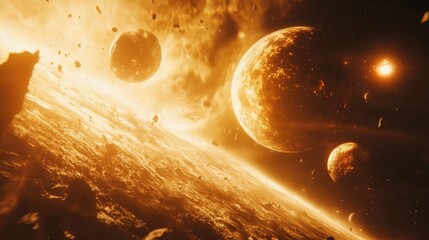 Wall Mural - a fiery celestial scene with a glowing planet and orbiting asteroids