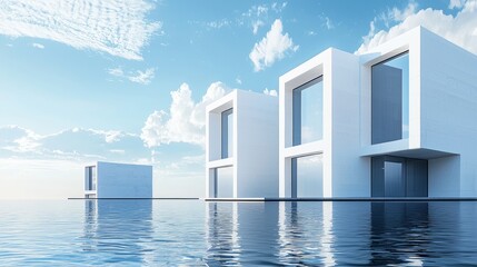 Poster - 3D depiction of modern abstract glass architecture with an unoccupied concrete floor
