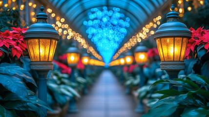 Poster - Enchanted Winter Pathway: A magical winter scene unfolds, showcasing a captivating pathway lined with glowing lanterns, vibrant poinsettias, and a mesmerizing blue light display.