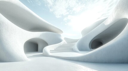 Poster - Inside a sleek office or lobby area, you'll find stairs and unadorned white concrete walls
