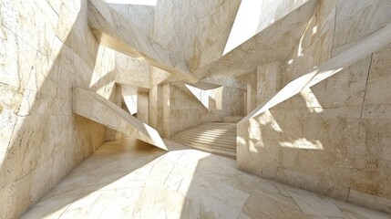 Poster - The setting is a contemporary office or lobby with staircases and pristine white concrete walls